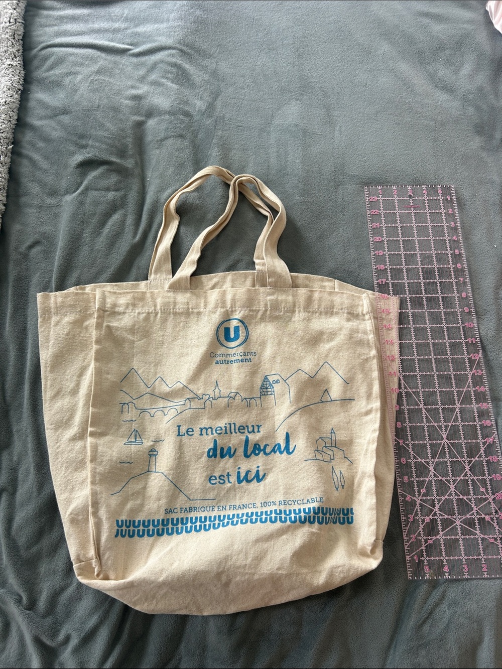 (nspecified) Natural Canvas Tote Bag with Blue Print